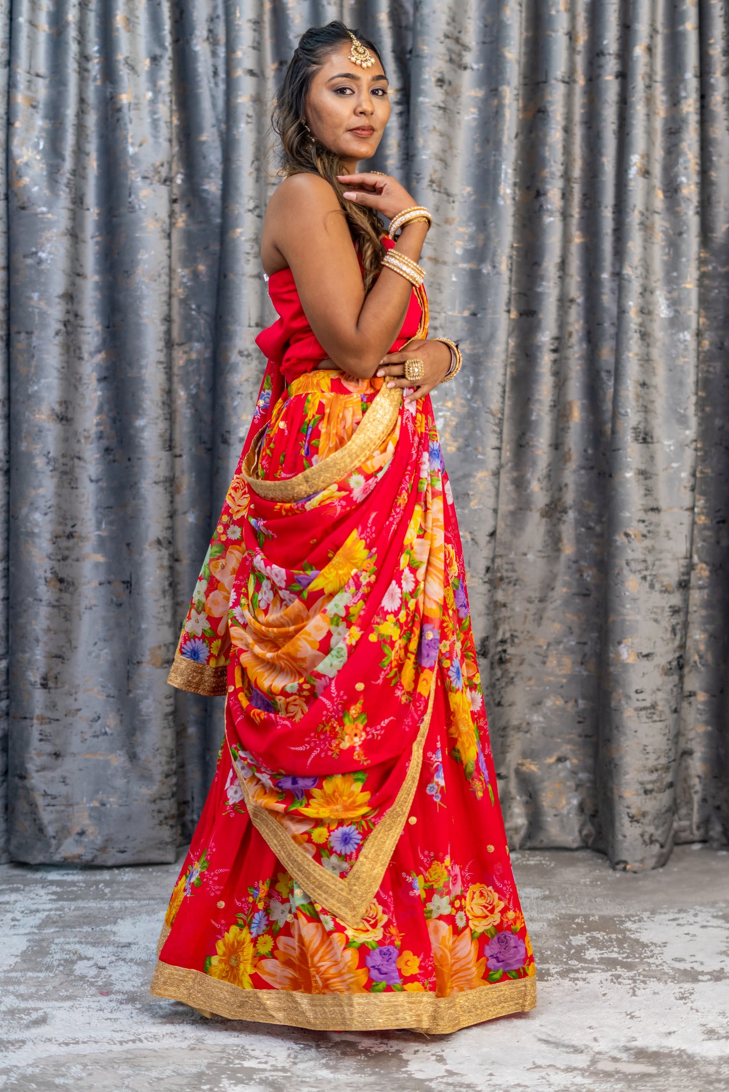 Coral Floral Organza Unstitched Lehenga Set