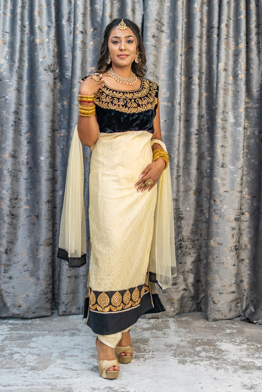 Cream with Velvet Black Net Punjabi Set