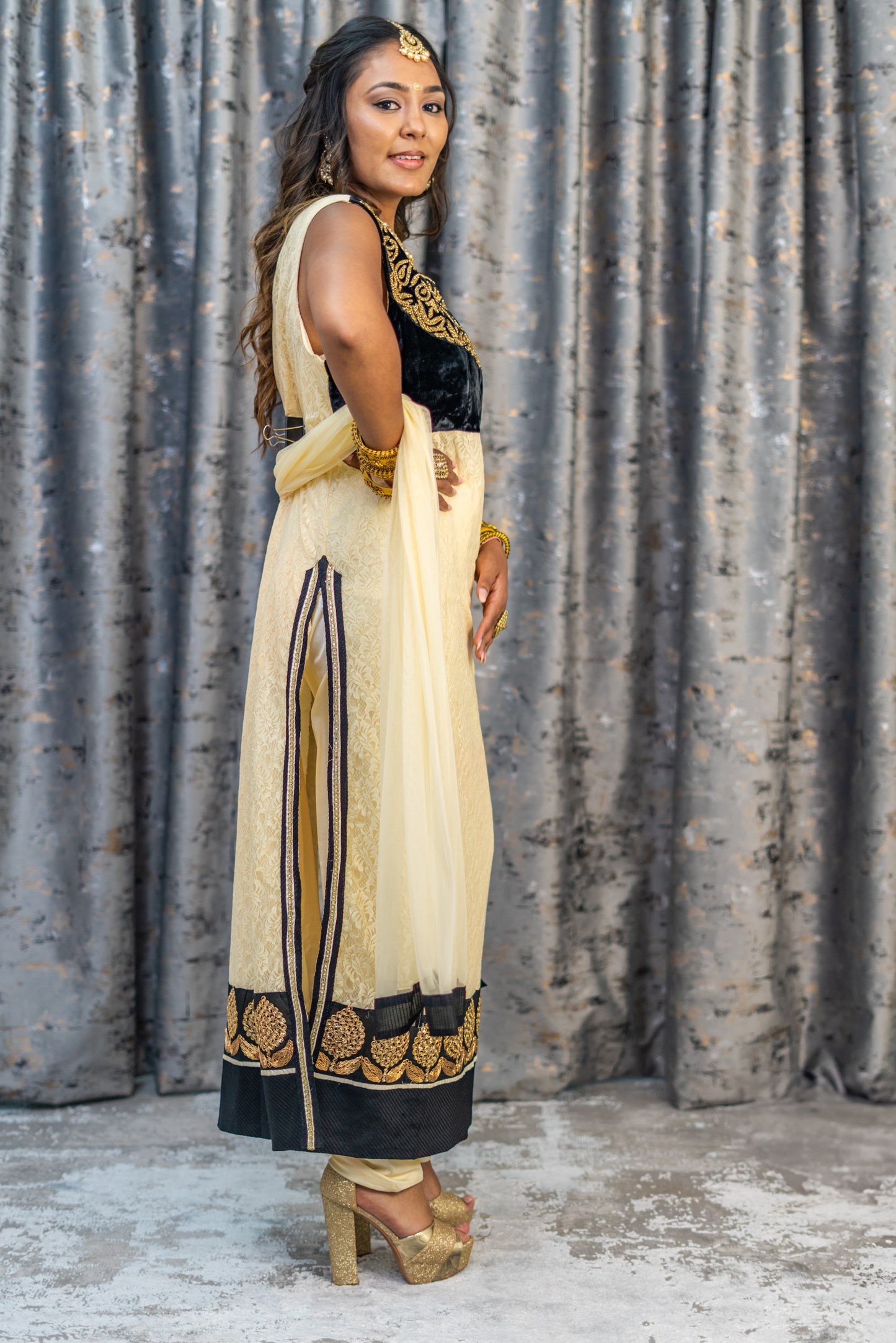 Cream with Velvet Black Net Punjabi Set