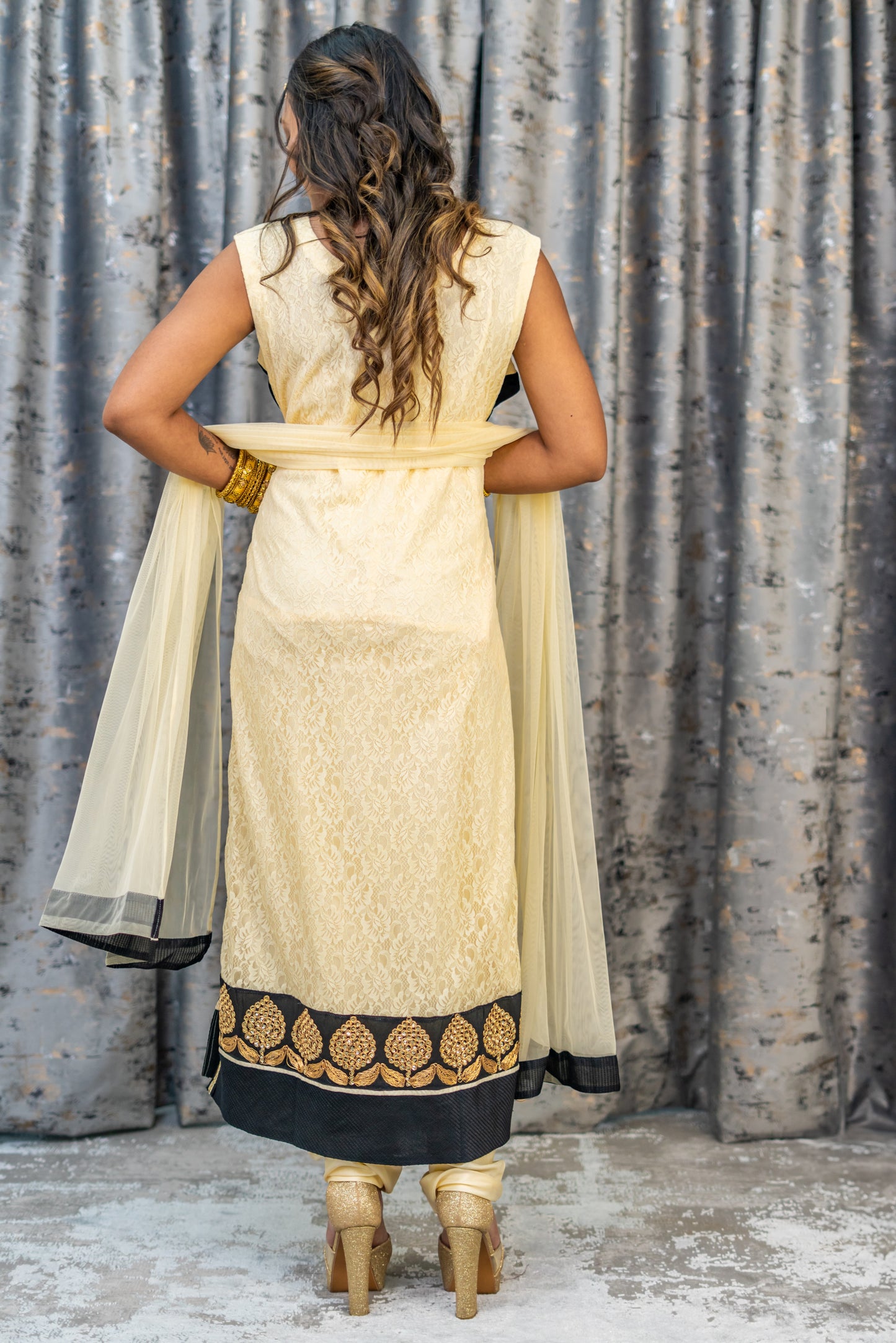 Cream with Velvet Black Net Punjabi Set
