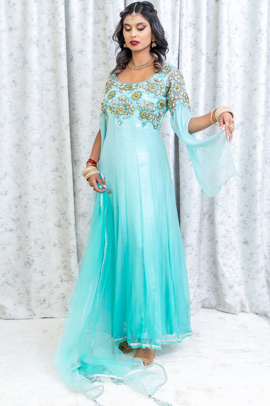 Ombre Blue Punjabi Set with Swarovski Flower Work