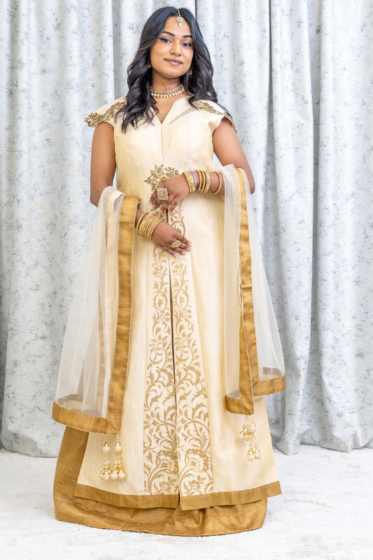 Cream Raw Silk Lehenga Set with Embroidery
