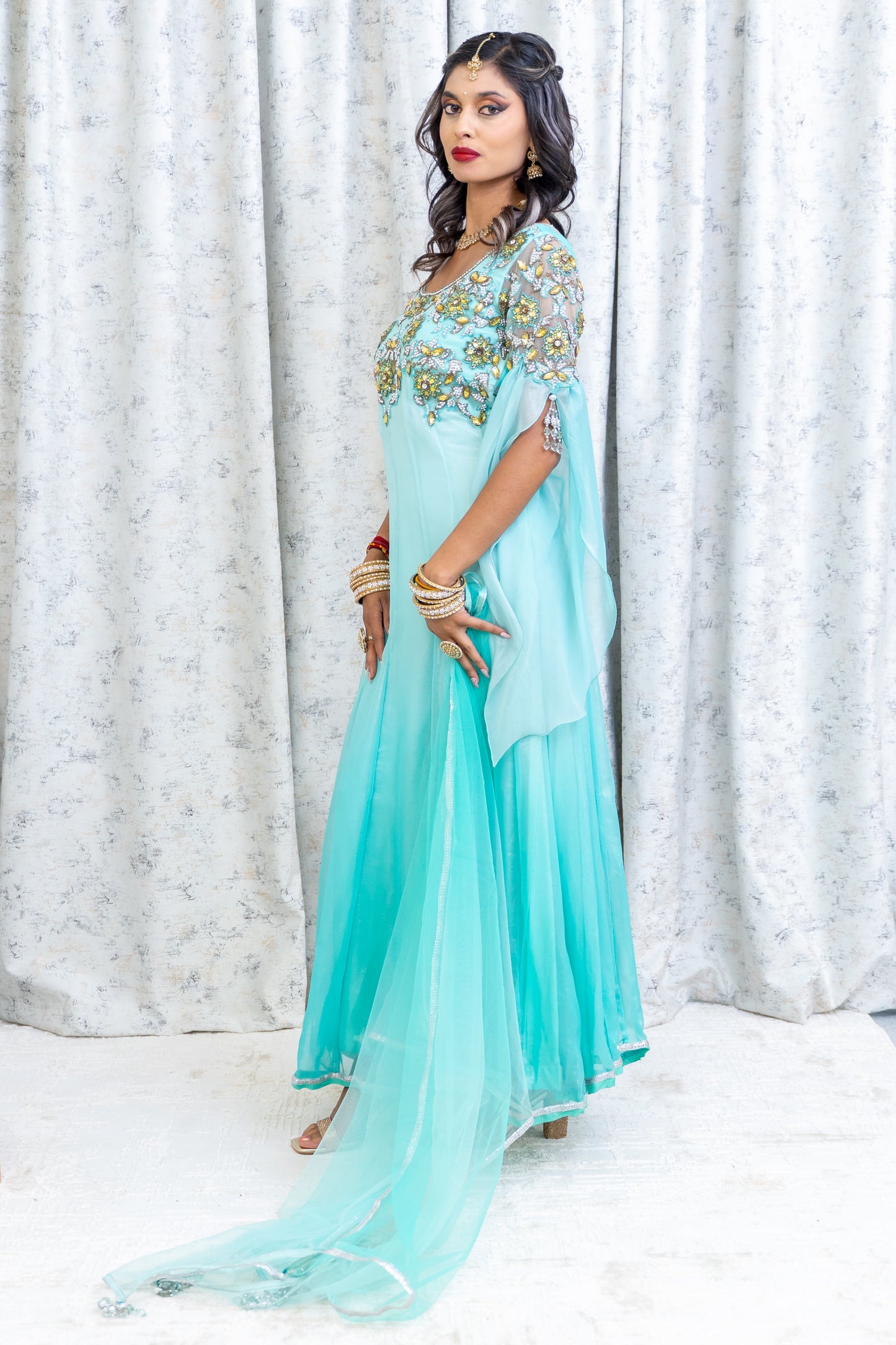 Ombre Blue Punjabi Set with Swarovski Flower Work