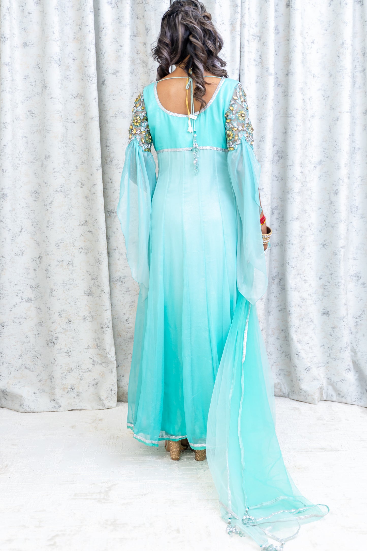 Ombre Blue Punjabi Set with Swarovski Flower Work