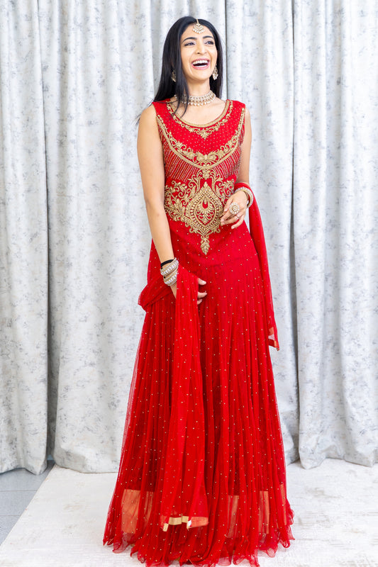 Red Net Punjabi Set with Swarovski Stone Work