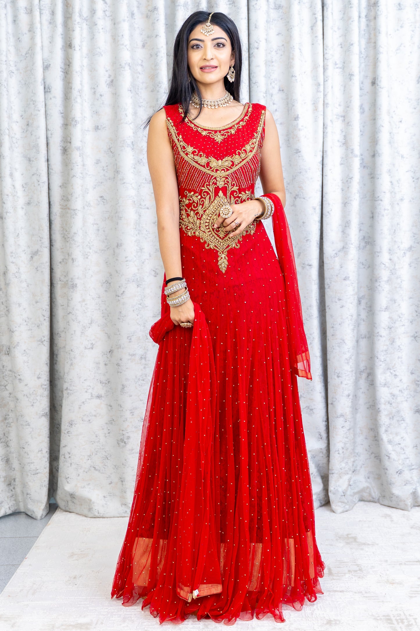 Red Net Punjabi Set with Swarovski Stone Work