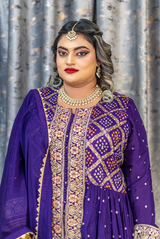 Purple Bandhani Punjabi Set with Zari Work