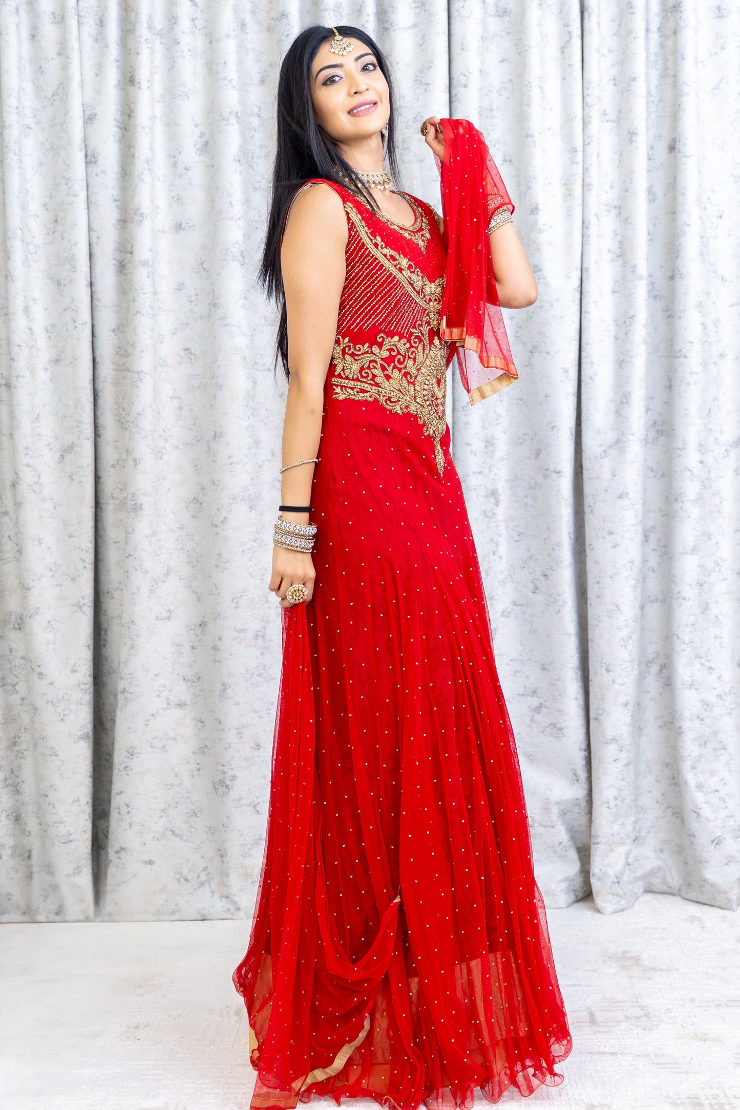 Red Net Punjabi Set with Swarovski Stone Work