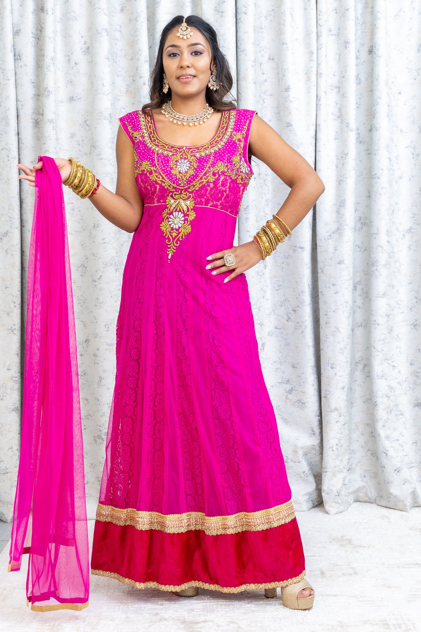 Pink Net Punjabi Set with Swarovski Stone Work