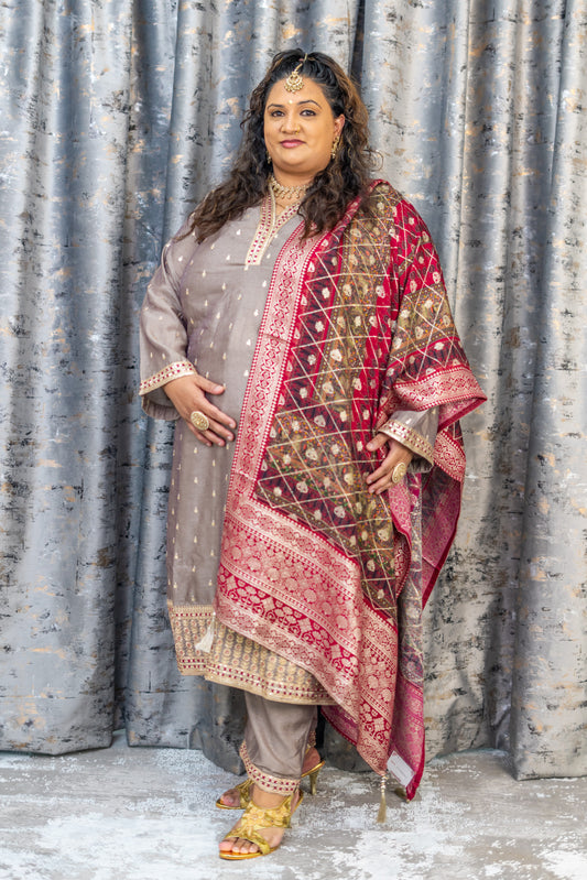 Grey Cotton Punjabi Set with Rich Brocade Scarf