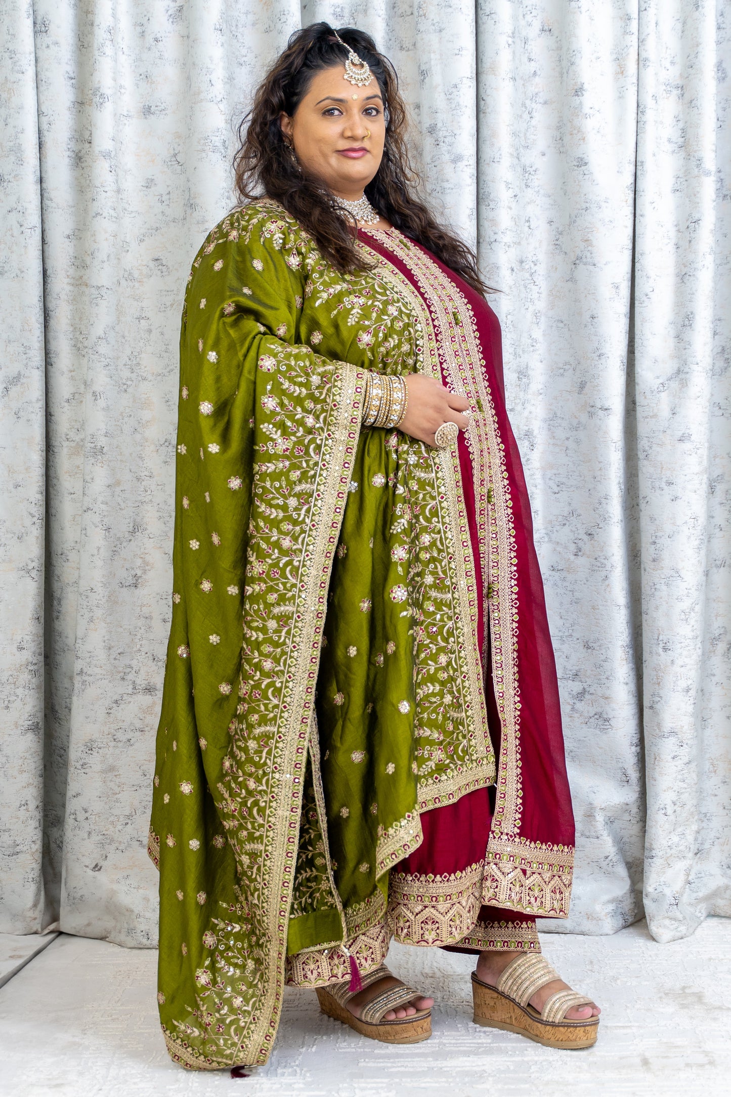 Maroon Chinon Silk Punjabi Set with Contrast Dupatta