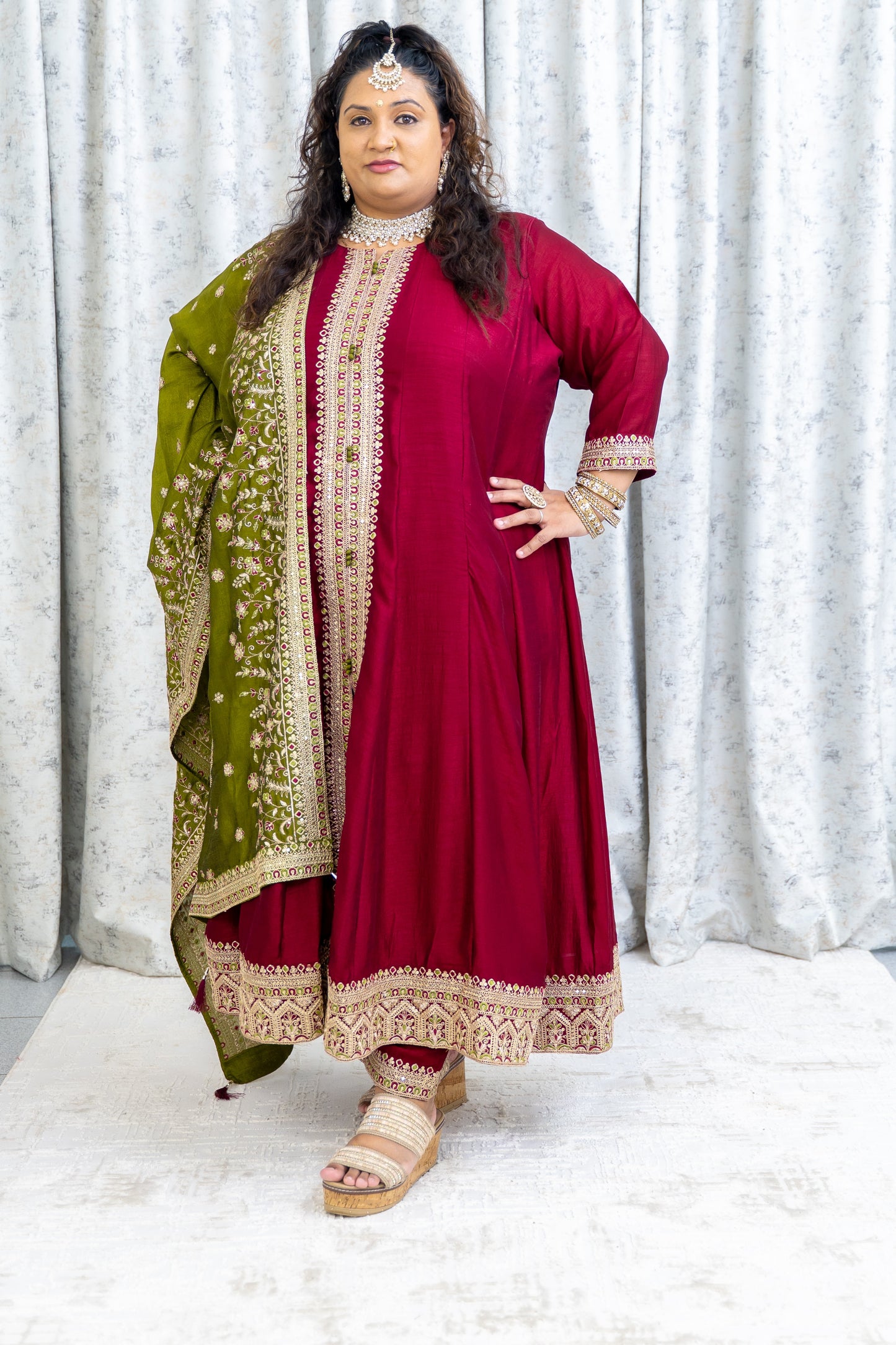 Maroon Chinon Silk Punjabi Set with Contrast Dupatta