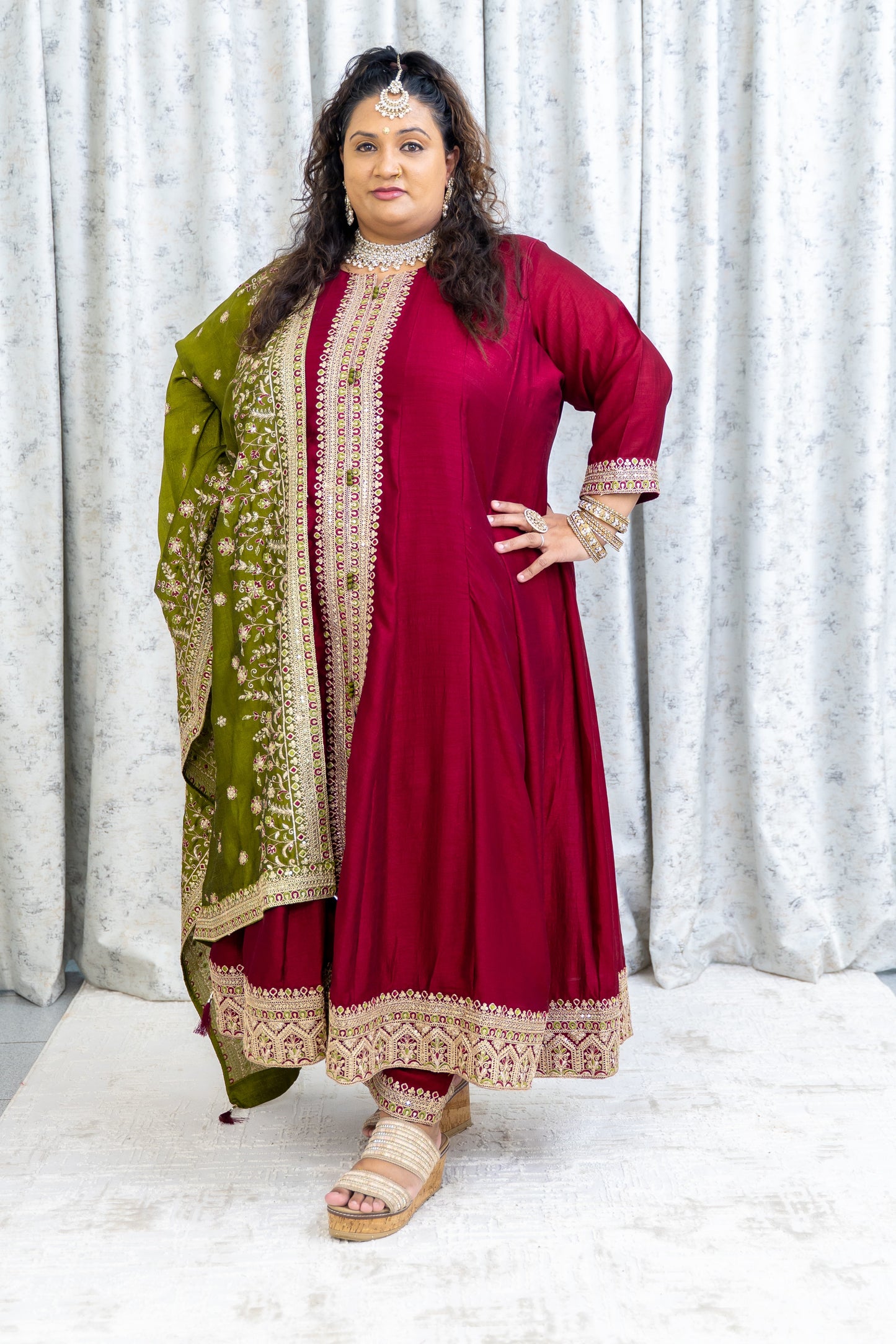 Maroon Chinon Silk Punjabi Set with Contrast Dupatta