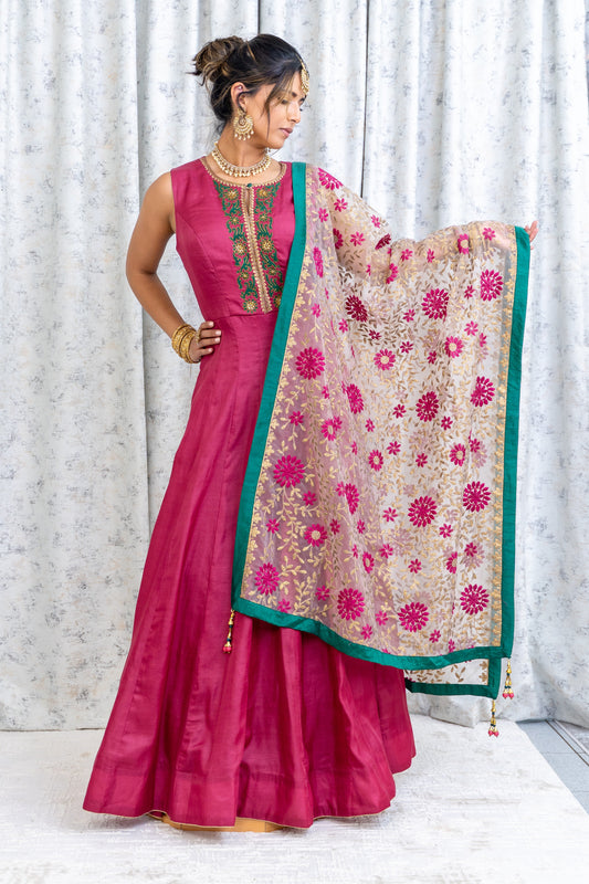 Dusty Rose Coloured Chinon Silk Punjabi Set with Contrast Dupatta