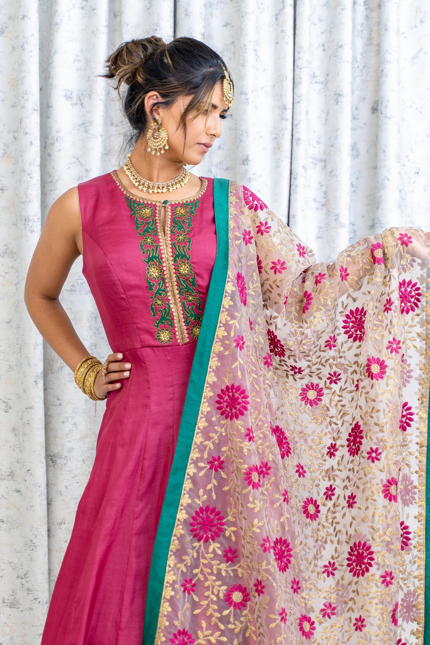 Dusty Rose Coloured Chinon Silk Punjabi Set with Contrast Dupatta