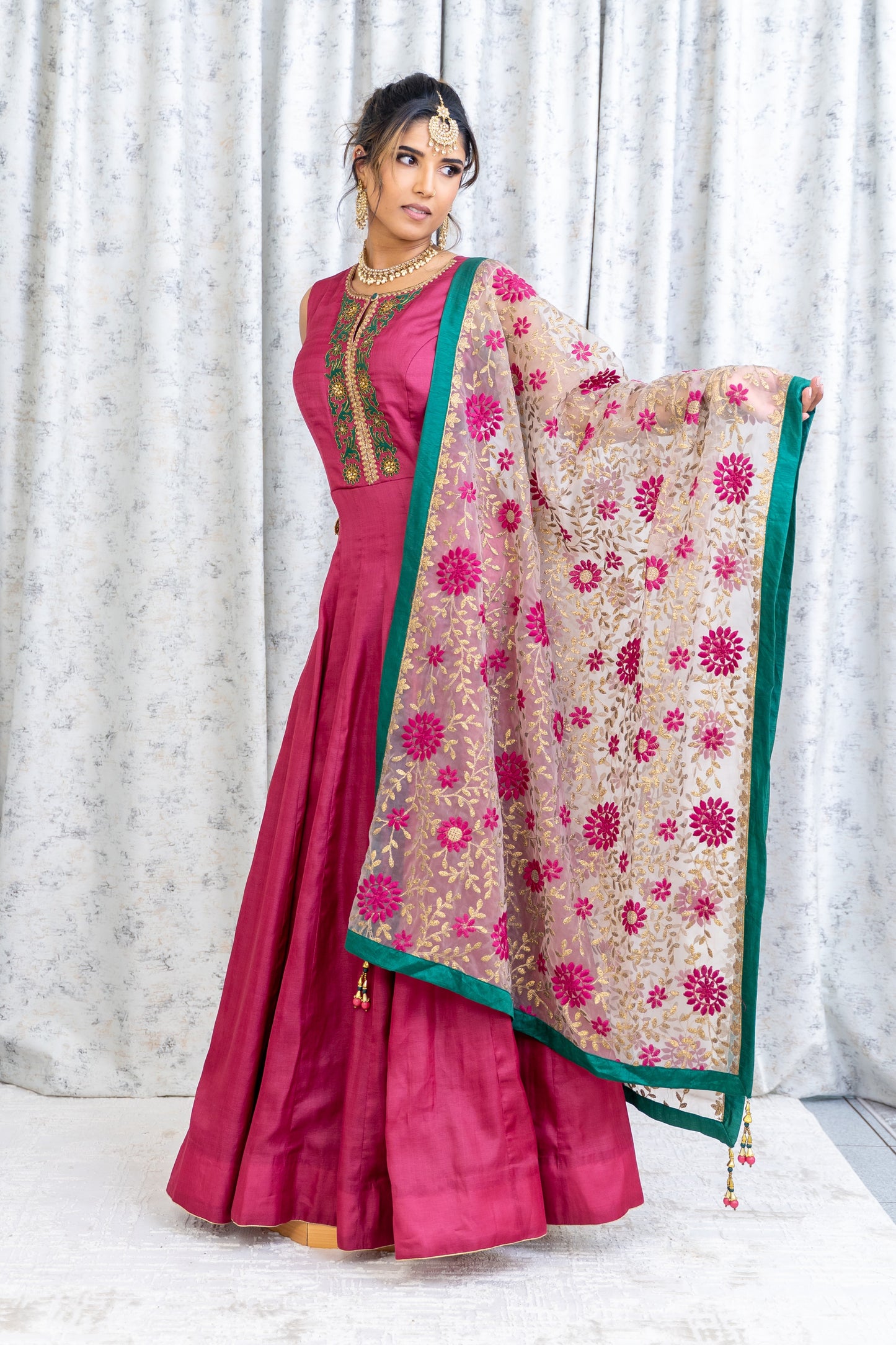 Dusty Rose Coloured Chinon Silk Punjabi Set with Contrast Dupatta
