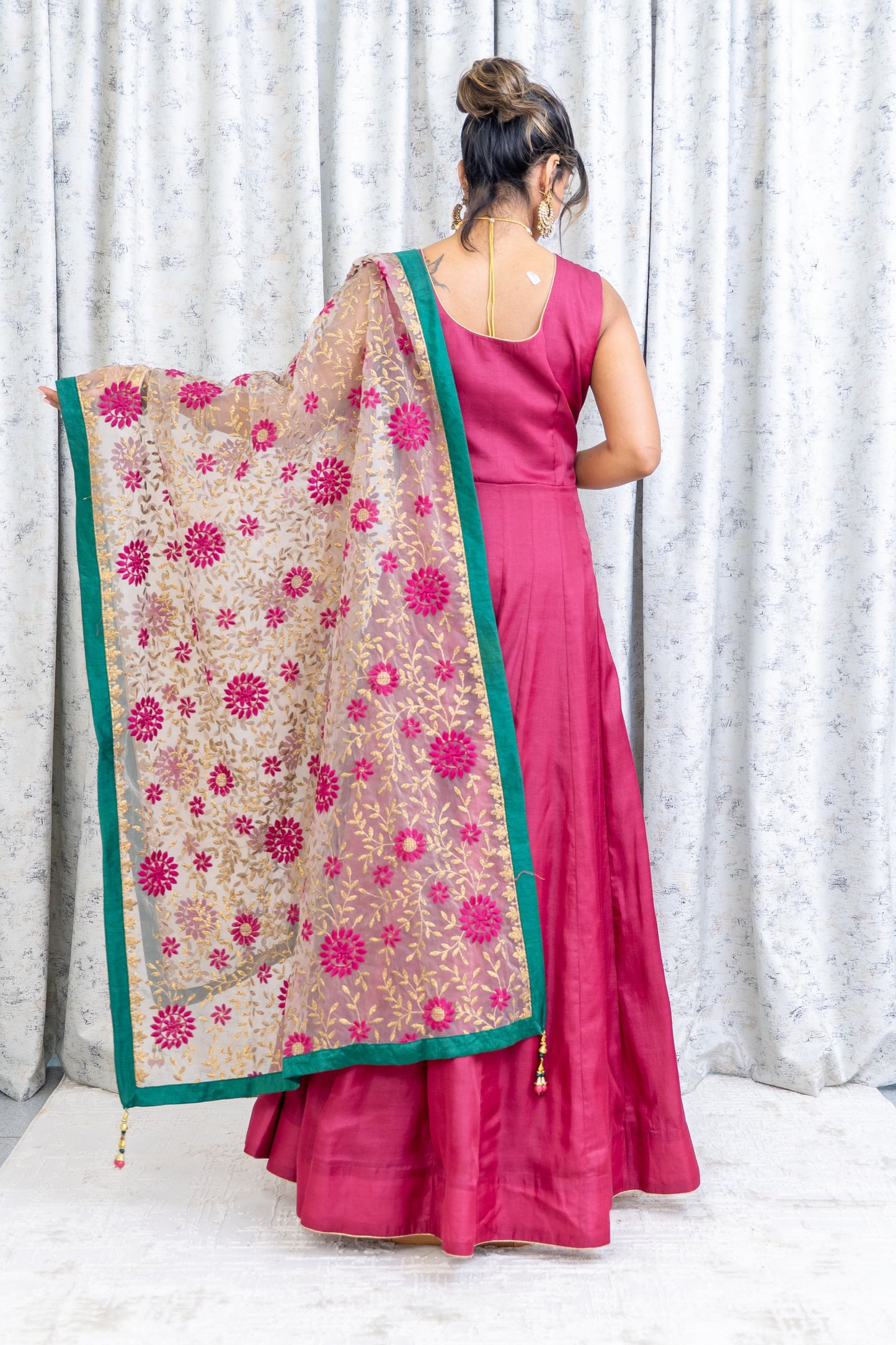 Dusty Rose Coloured Chinon Silk Punjabi Set with Contrast Dupatta