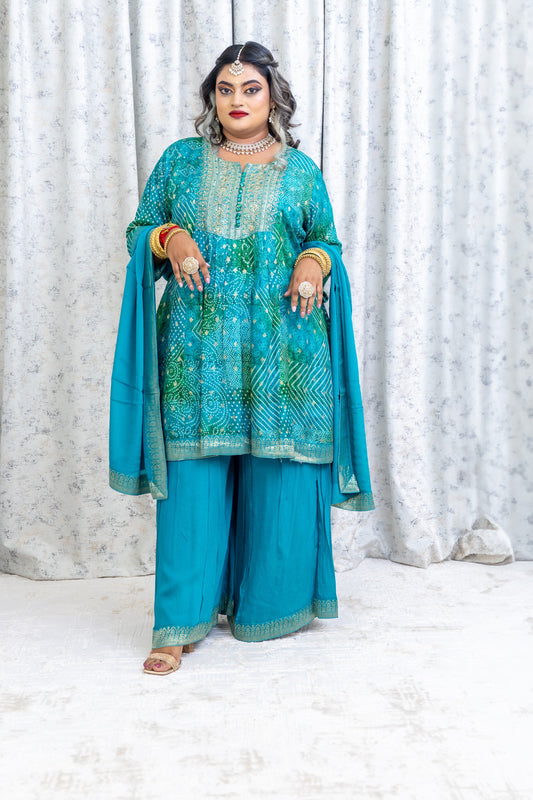Blue Tie-Dyed Chinon Silk Punjabi Set