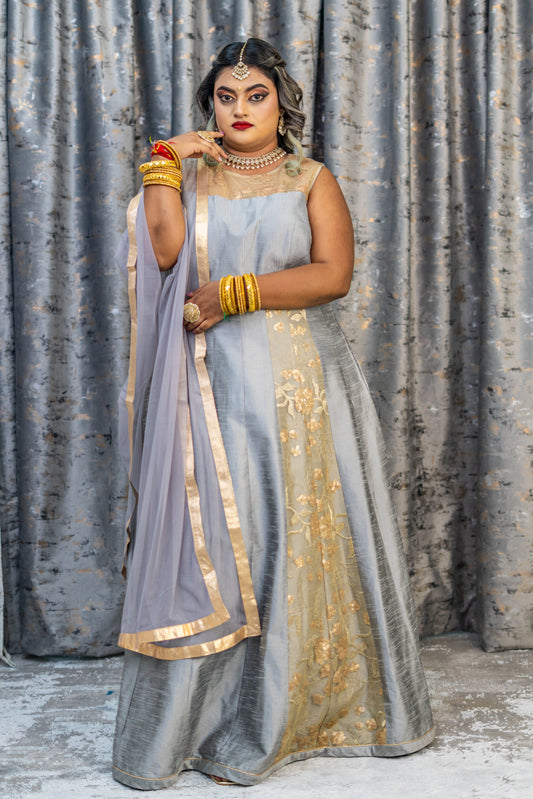 Grey Raw Silk Anarkali Set with Net Embroidery Panel
