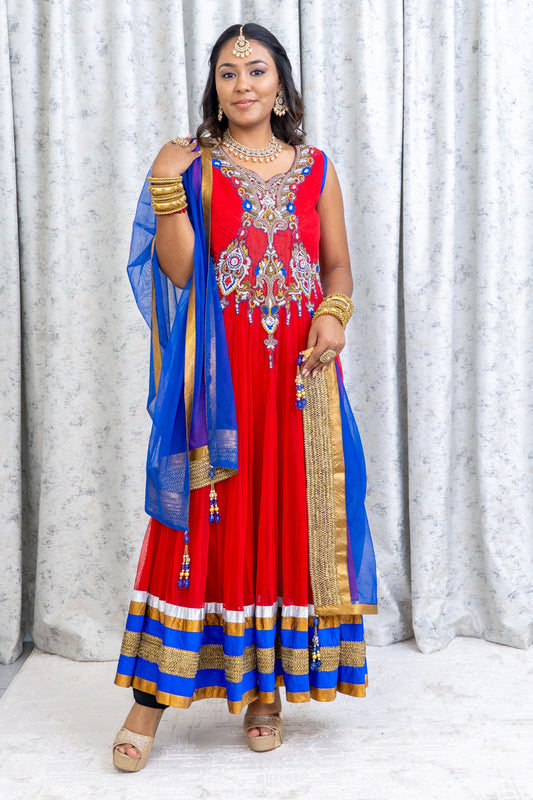 Red & Blue Punjabi Set with Swarovski Stone Work