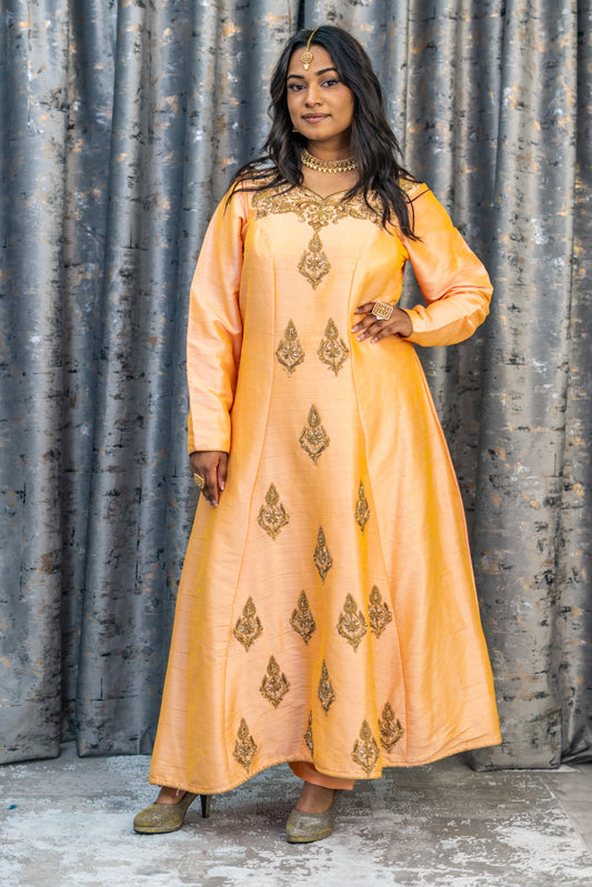 Peach Raw Silk Punjabi Set with Swarovski Stone Work
