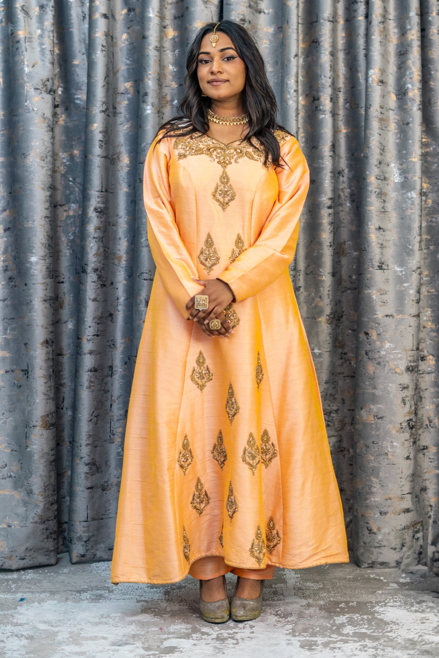 Peach Raw Silk Punjabi Set with Swarovski Stone Work
