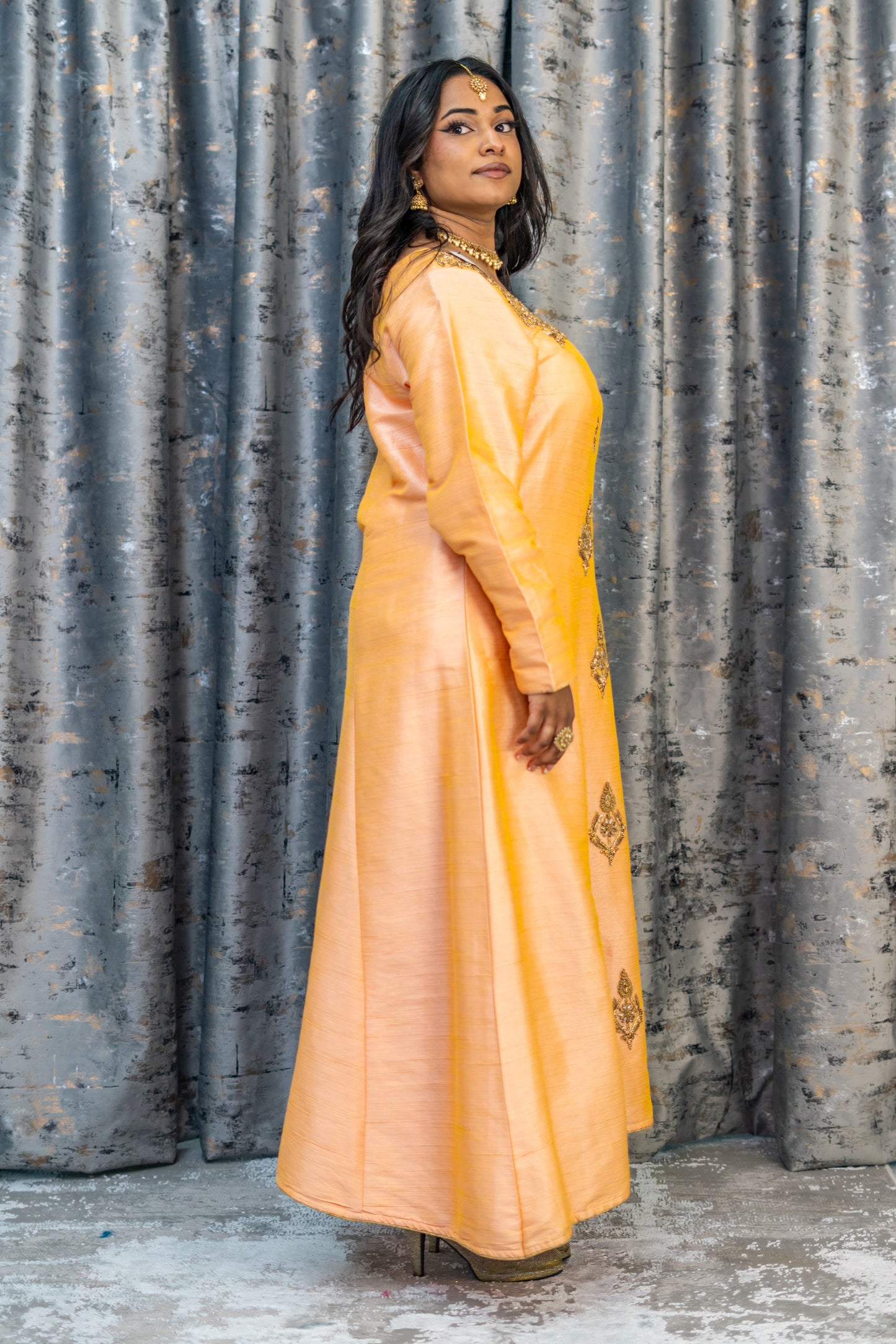 Peach Raw Silk Punjabi Set with Swarovski Stone Work
