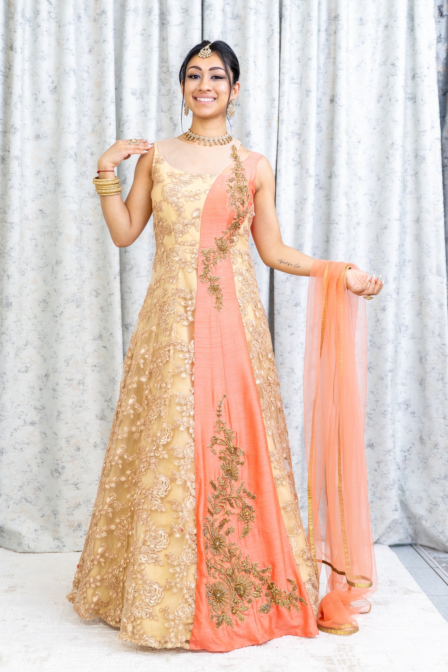 Gold Embroidered Punjabi Set with Pink Panel Work