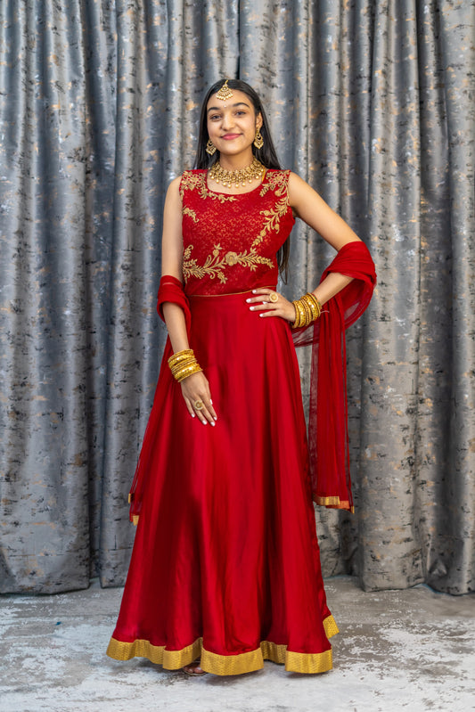 Red Chinon Silk Punjabi Set