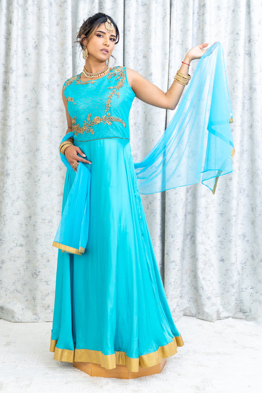 Blue Chinon Silk Punjabi Set