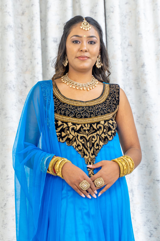 Blue Net Punjabi Set with Gold Swarovski Stone Work