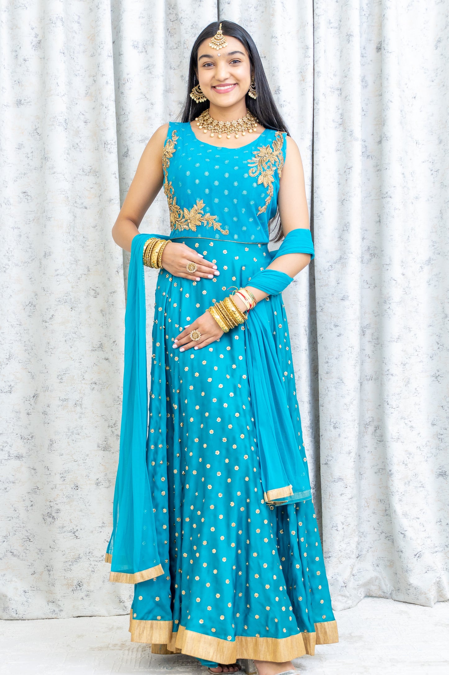 Blue Chinon Silk Punjabi Set with Gold Swarovski Set