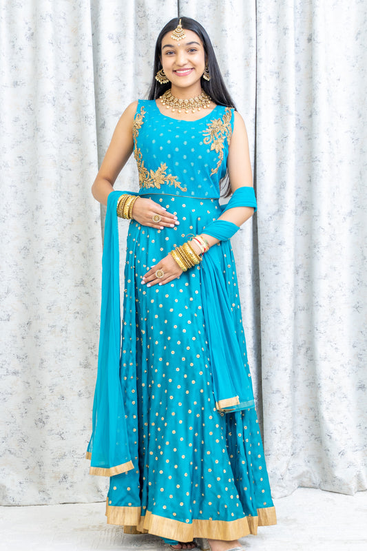 Blue Chinon Silk Punjabi Set with Gold Swarovski Set