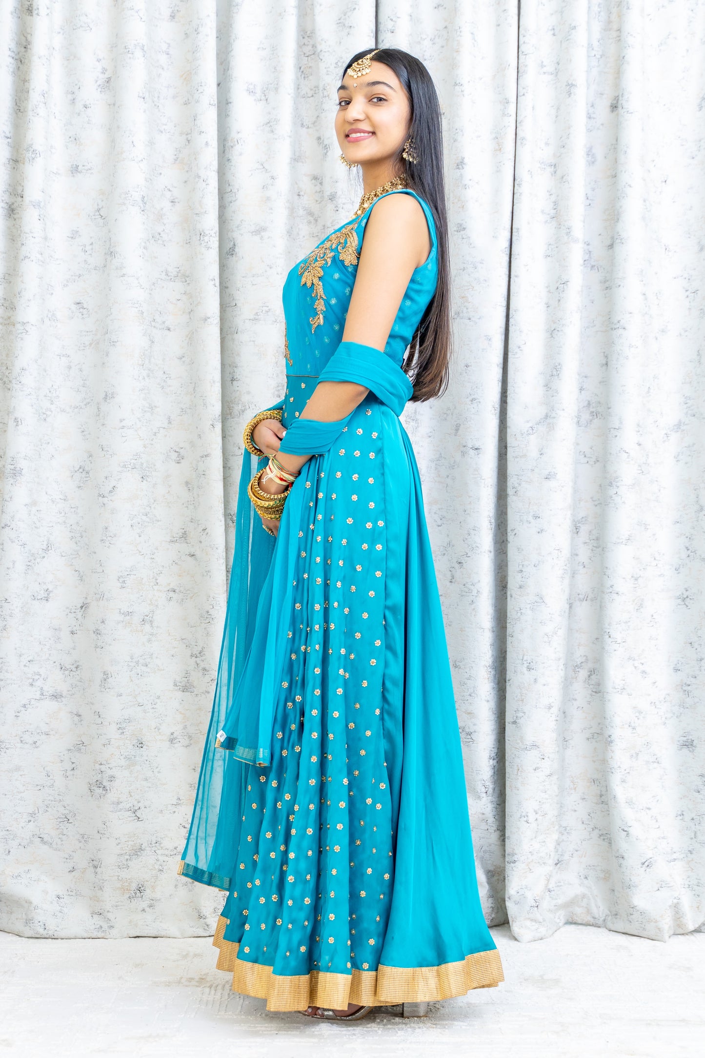 Blue Chinon Silk Punjabi Set with Gold Swarovski Set