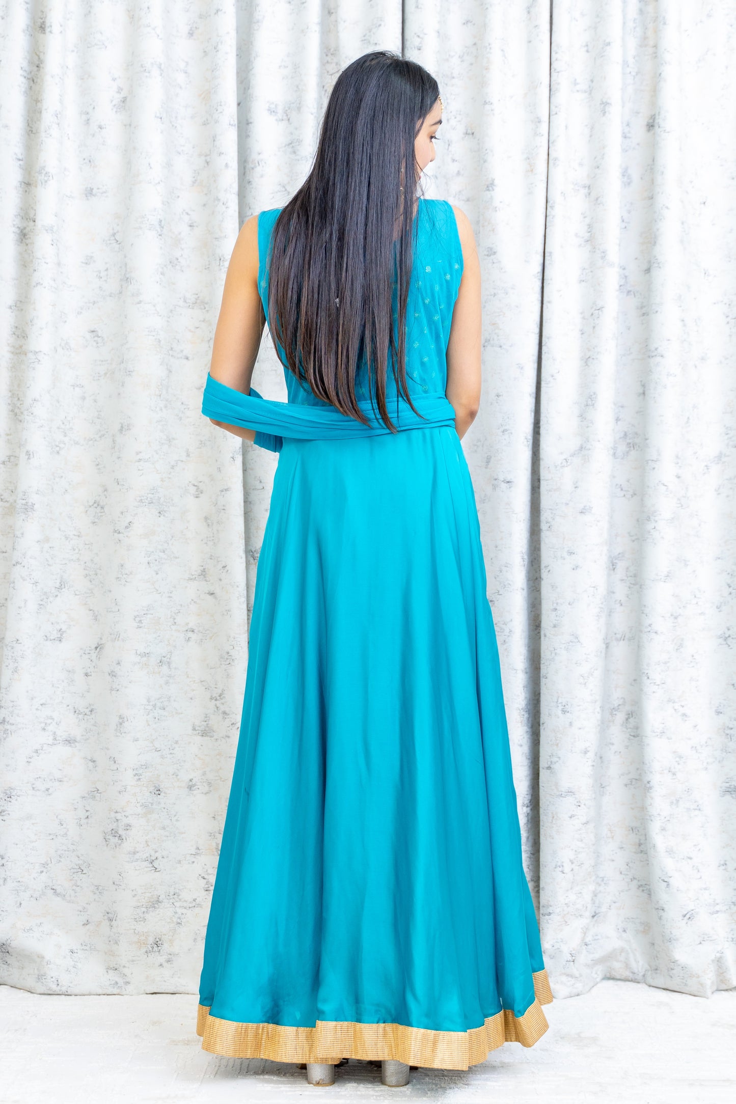 Blue Chinon Silk Punjabi Set with Gold Swarovski Set