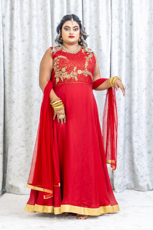 Red Chinon Silk Punjabi Set with Gold Swarovski Work