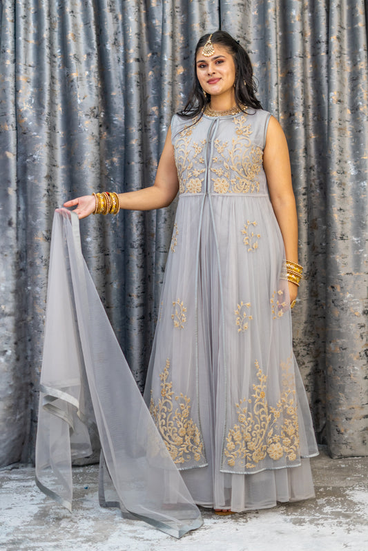 Grey Net Punjabi with Gold Embroidery
