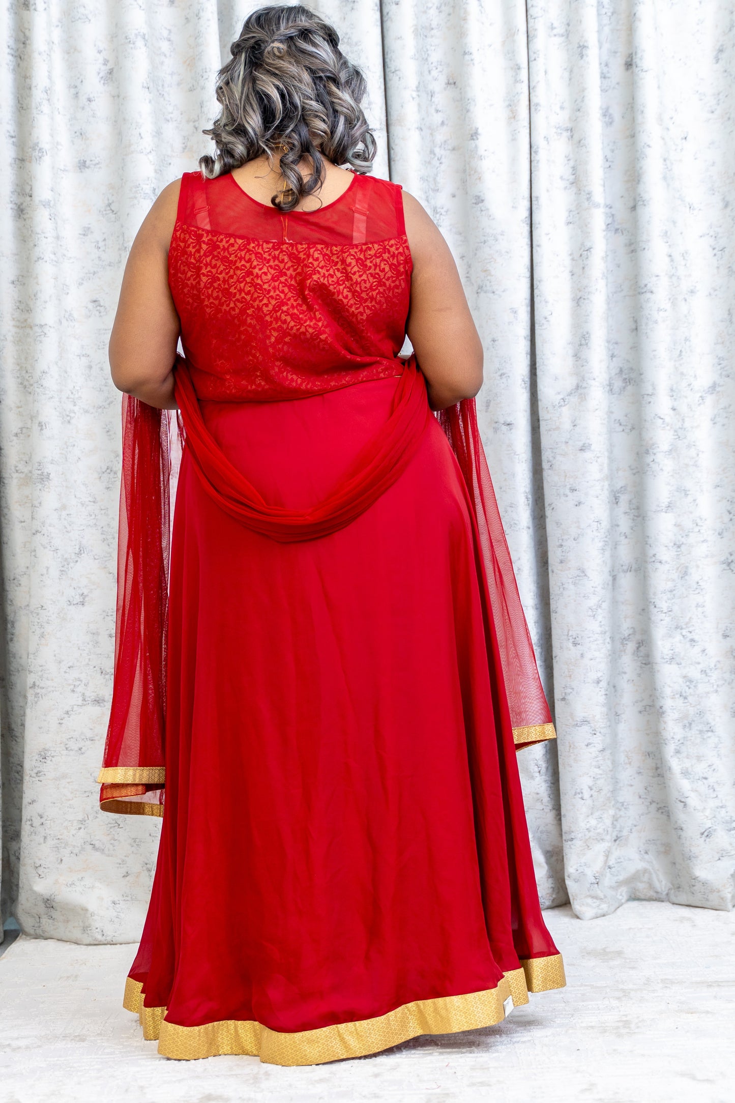 Red Chinon Silk Punjabi Set with Gold Swarovski Work