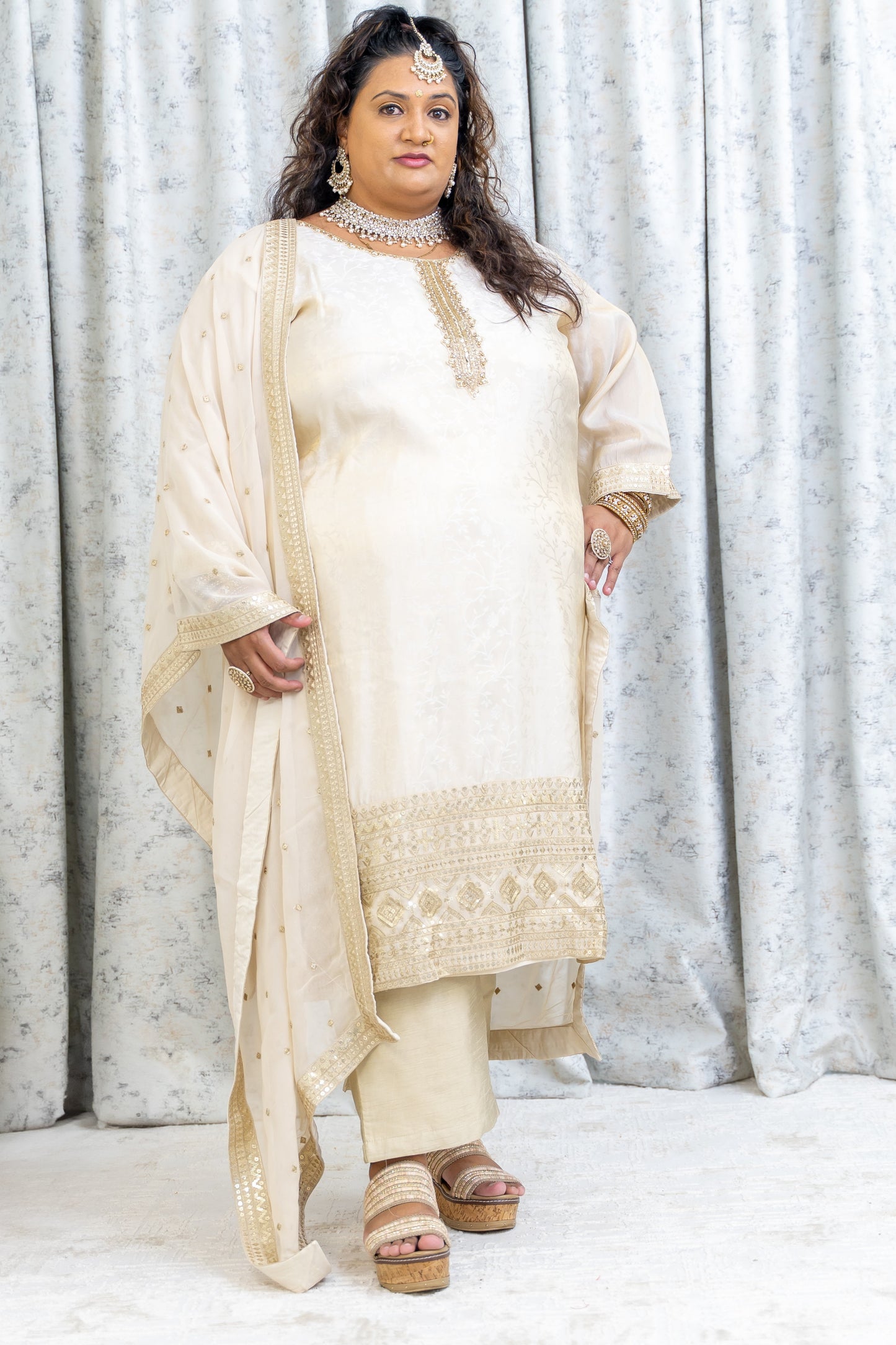 Cream Cotton Punjabi Set with Embroidery