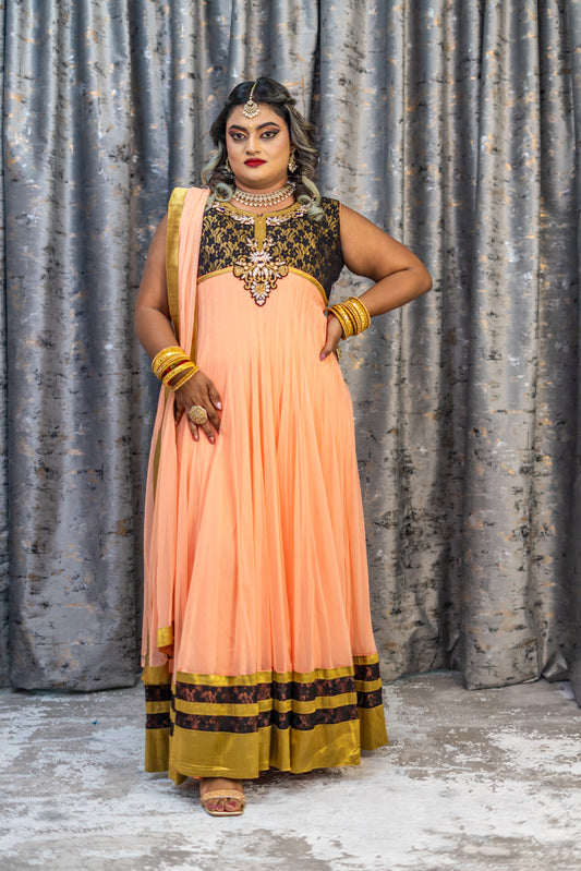 Peach Net Punjabi Set with Swarovski Stone Work
