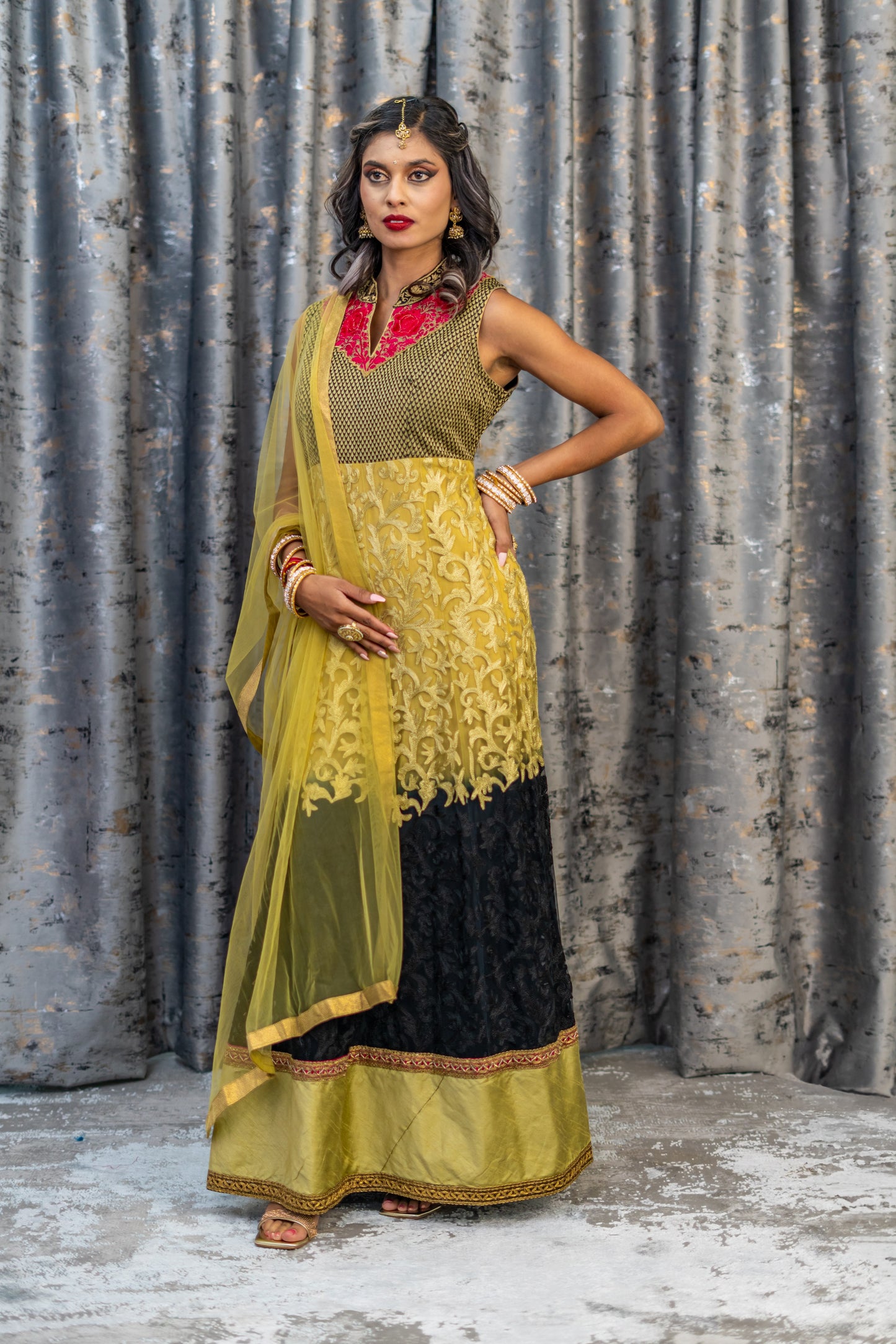 Ombre Black & Gold Net Embroidered Punjabi Set