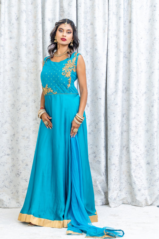 Blue Chinon Silk Punjabi Set