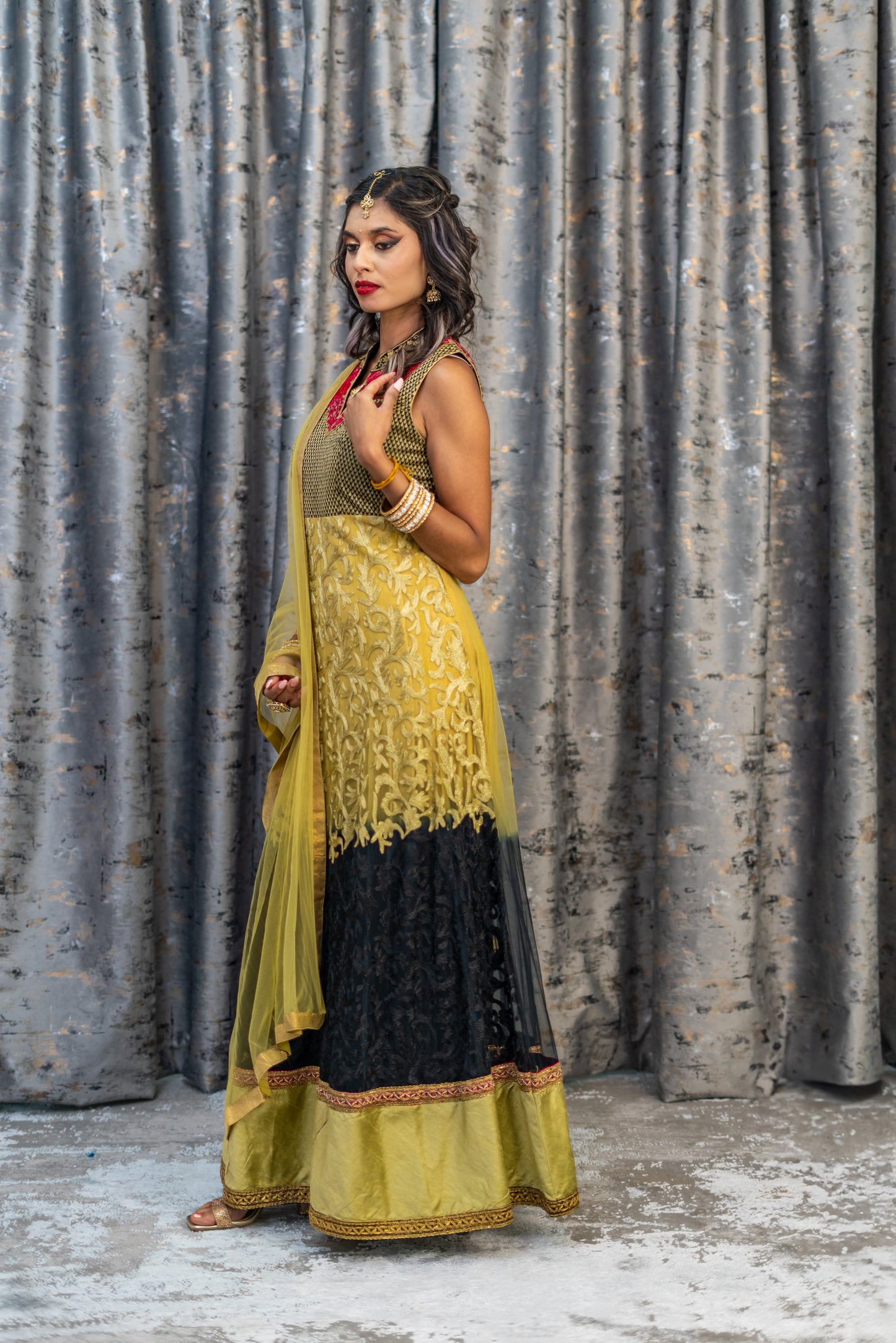 Ombre Black & Gold Net Embroidered Punjabi Set