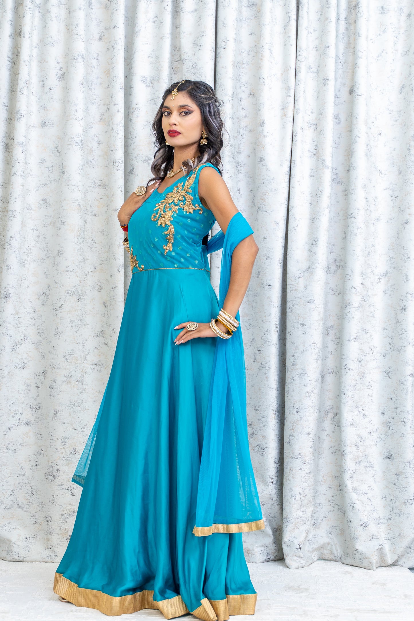 Blue Chinon Silk Punjabi Set