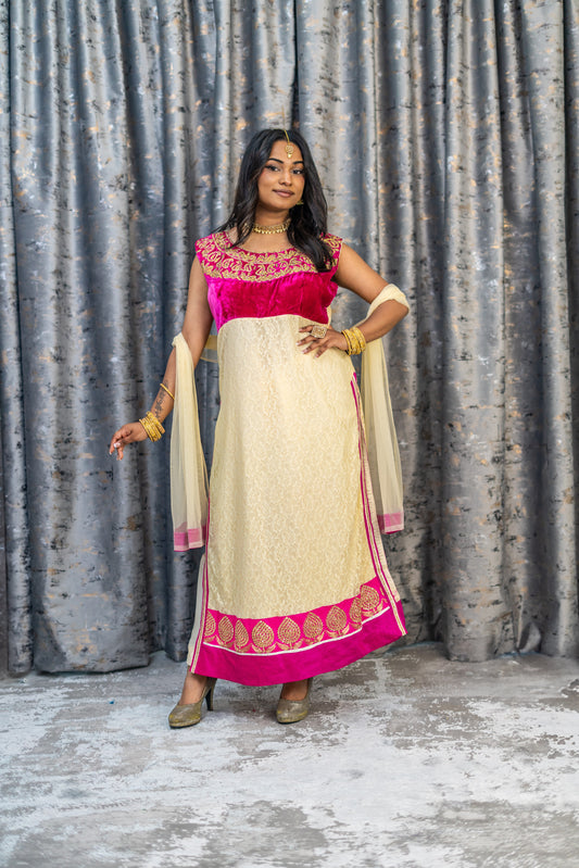 Cream Net Punjabi Set with Velvet and Swarovski Stone Work