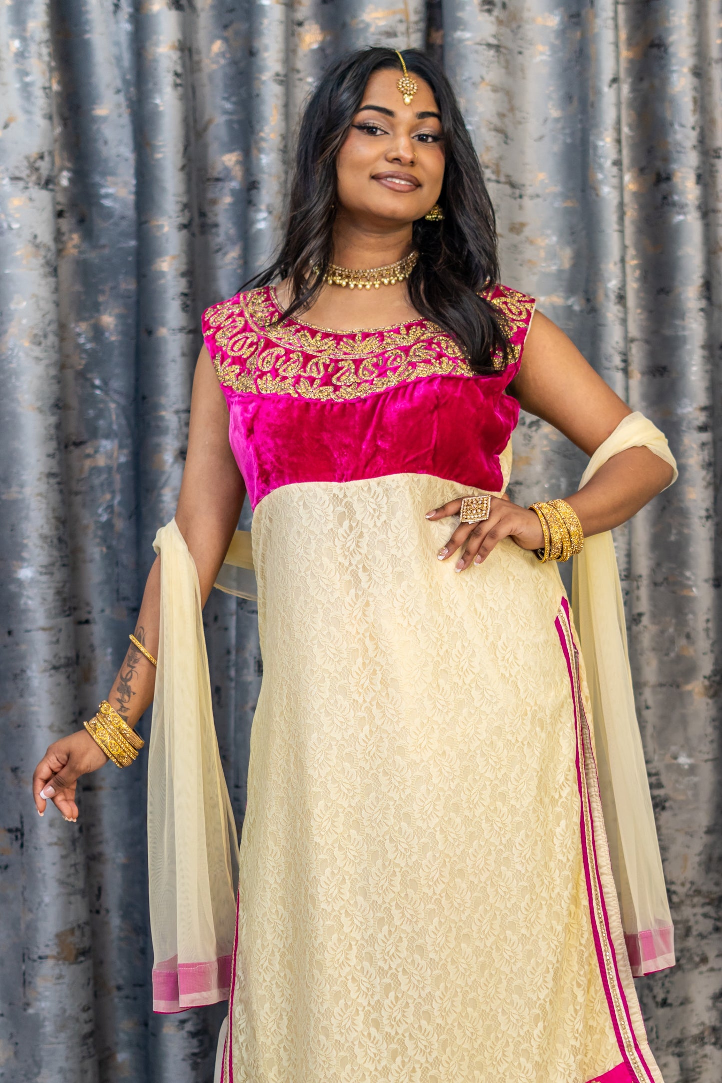 Cream Net Punjabi Set with Velvet and Swarovski Stone Work