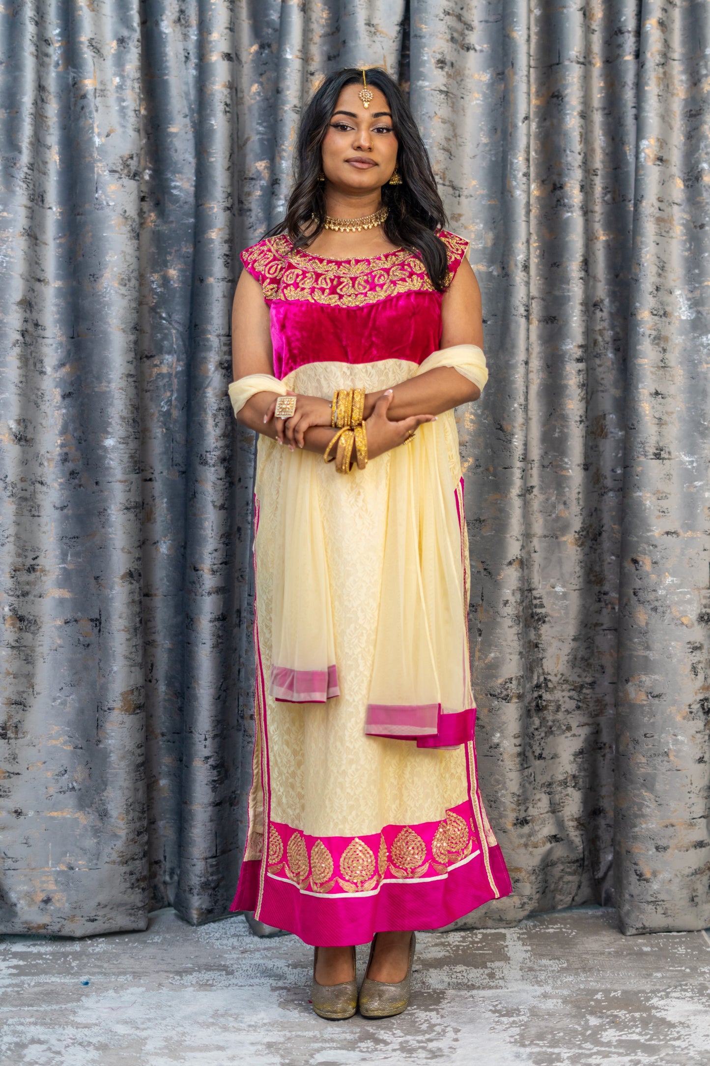 Cream Net Punjabi Set with Velvet and Swarovski Stone Work
