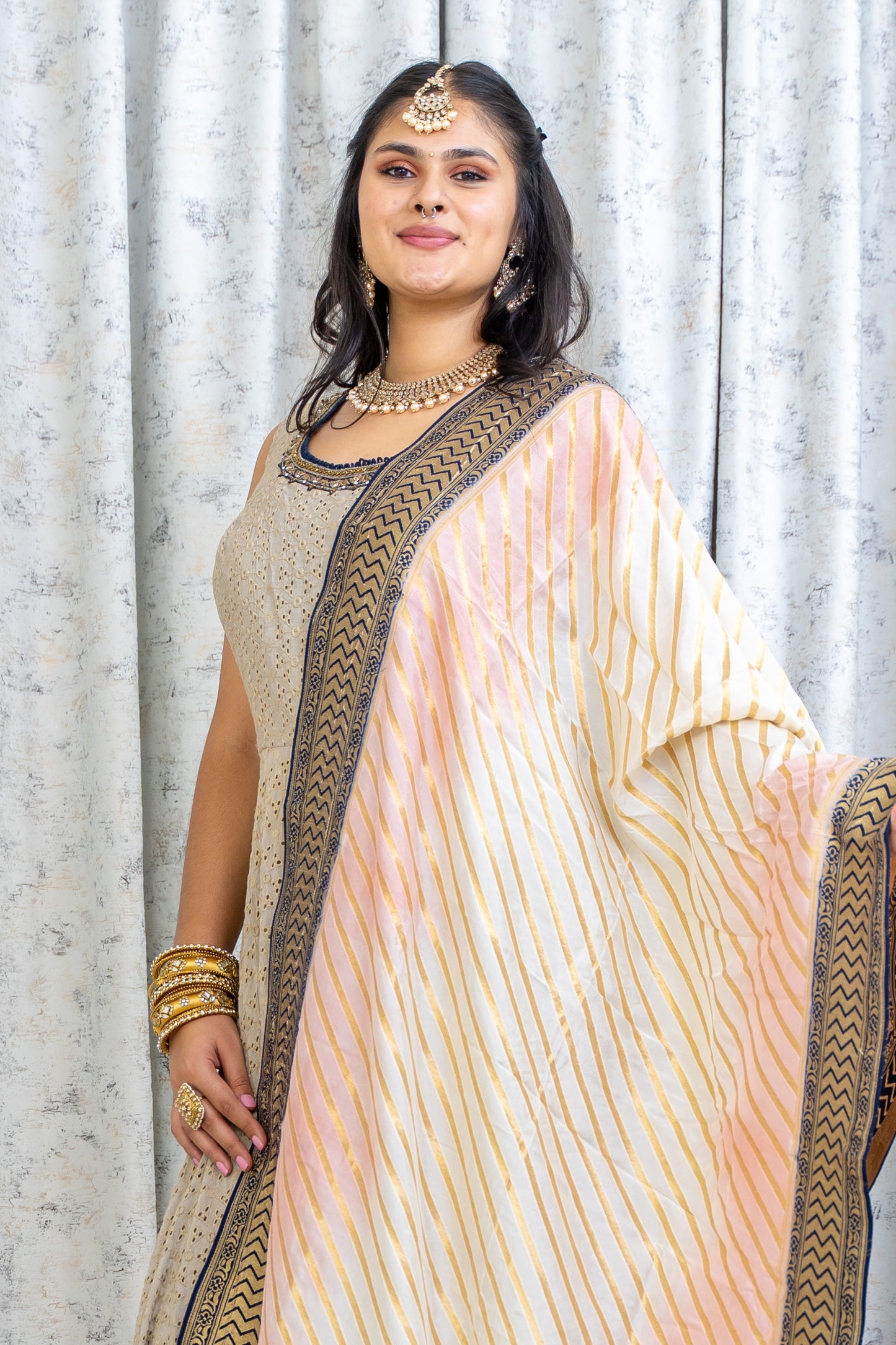 Grey Cotton Punjabi Set with Contrast Dupatta