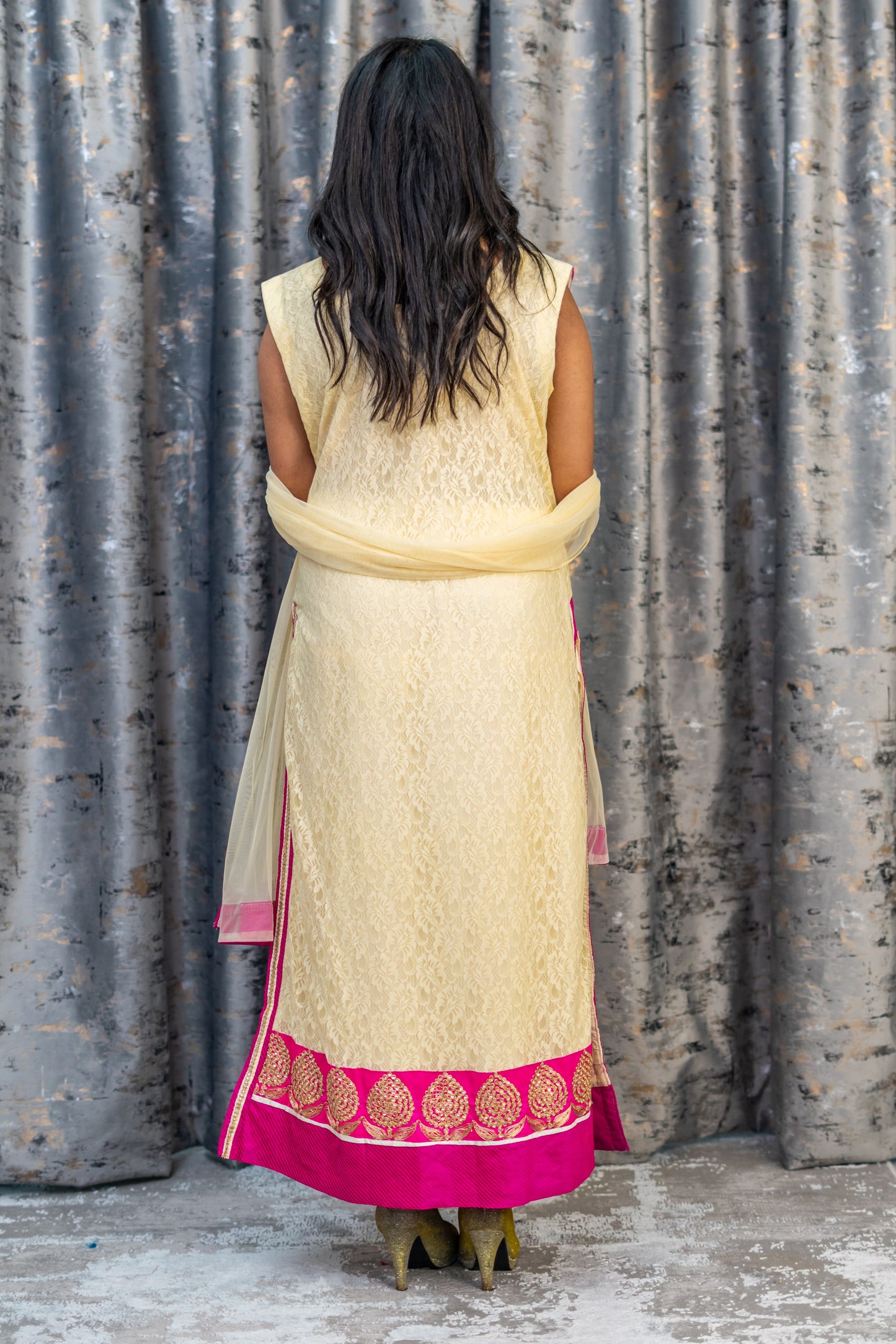 Cream Net Punjabi Set with Velvet and Swarovski Stone Work