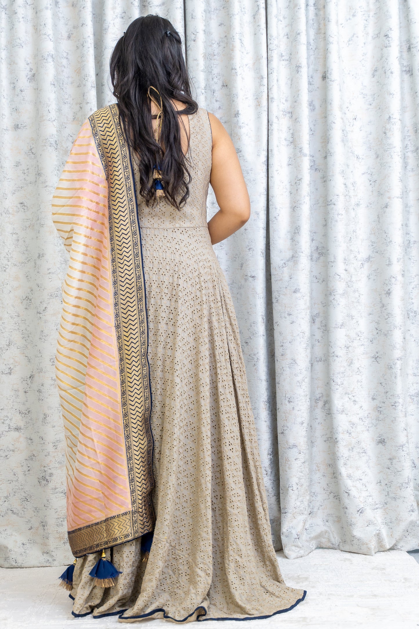 Grey Cotton Punjabi Set with Contrast Dupatta